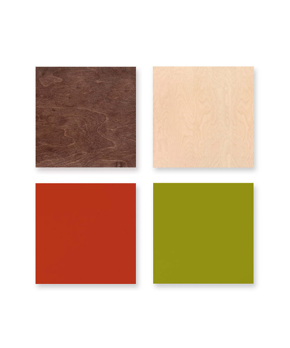 Four square panels display Wood and Finish Swatches: top two feature Oeuf furniture finishes in walnut stain and lacquered birch; bottom two are solid colors, with red ("tomato") on the left and green ("peapod") on the right.