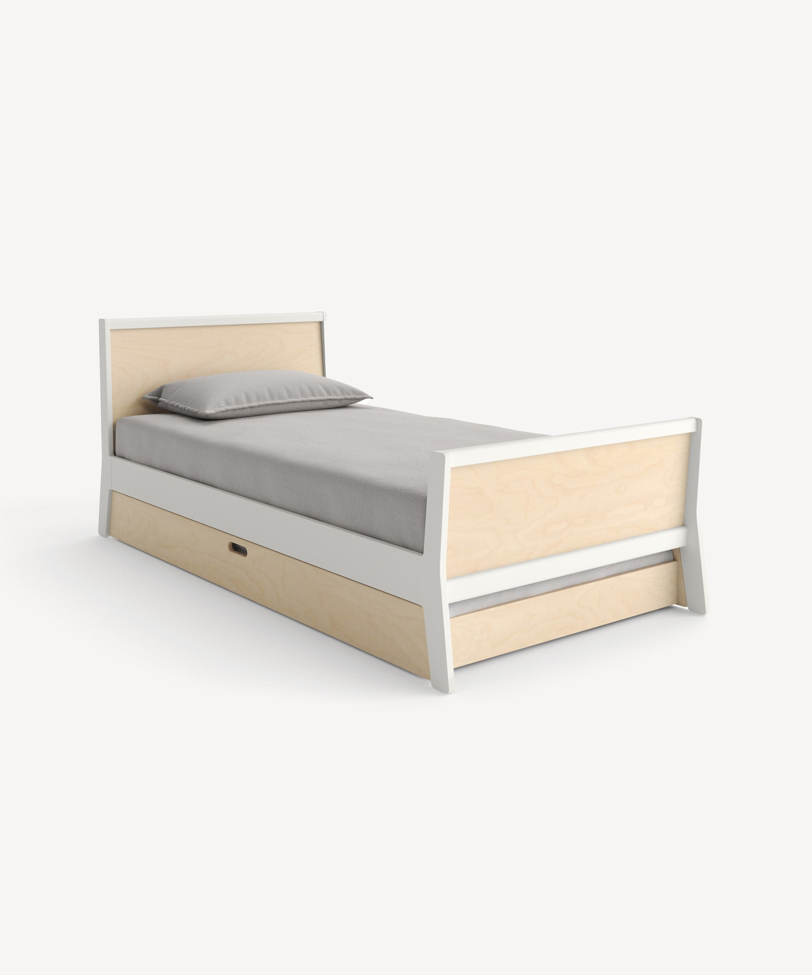 The Sparrow Trundle Bed features a minimalist twin design with light wood, white accents, a gray mattress, and an under-bed pull-out drawer.