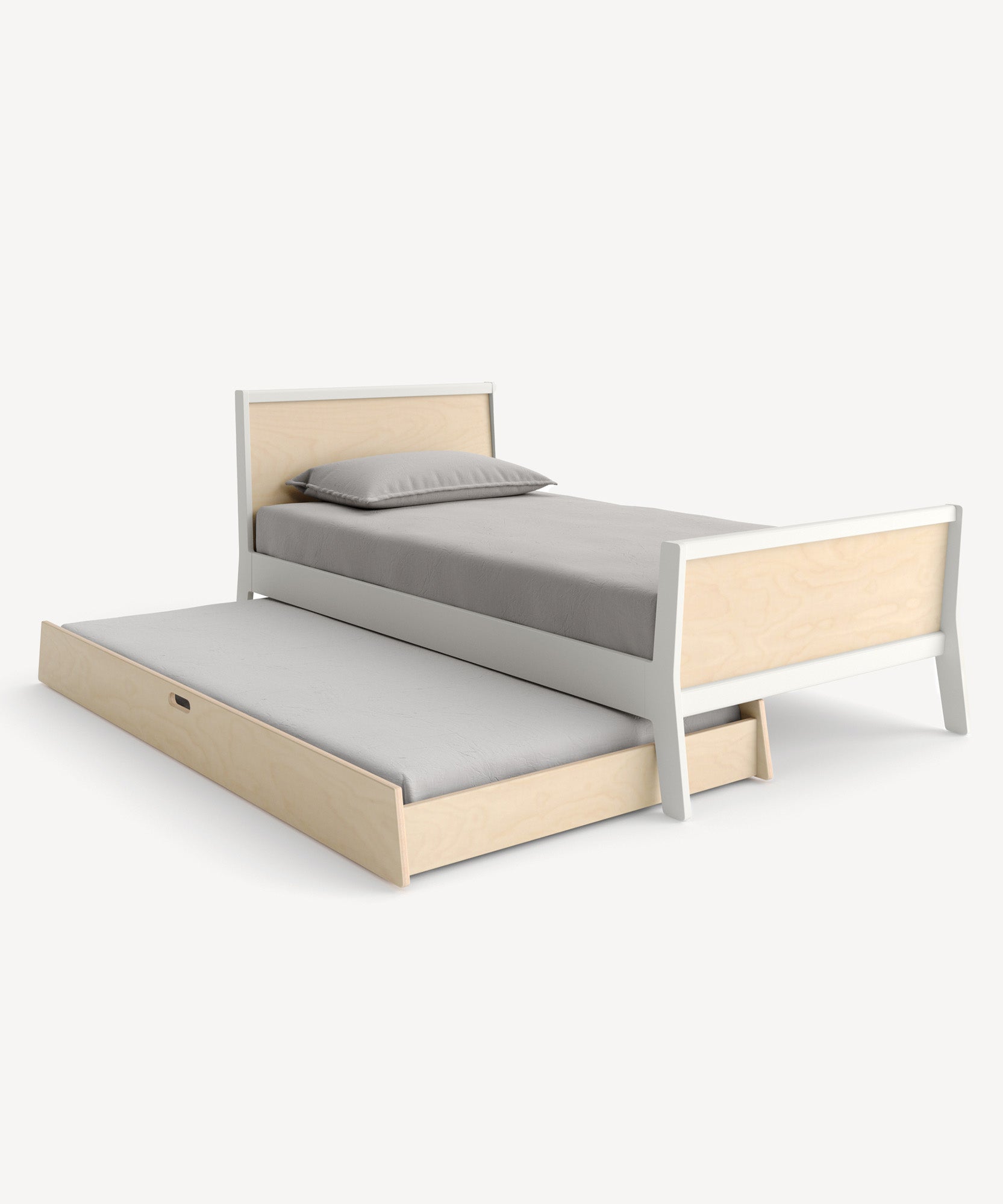 The Sparrow Trundle Bed features a wooden frame with a trundle underneath, complete with grey mattresses, set against a white background.