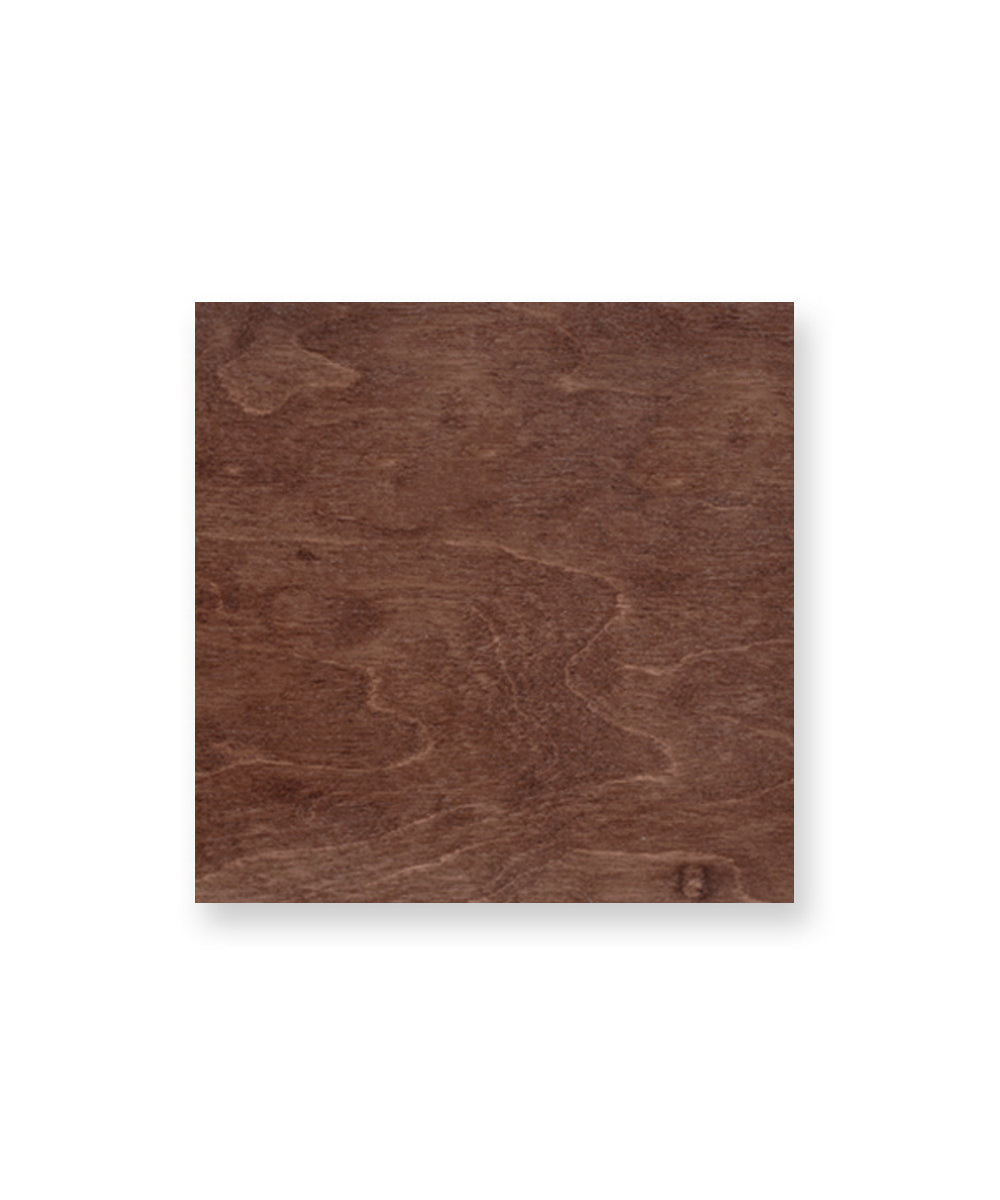 The Wood and Paint Swatches are square pieces of brown wood with a smooth finish and subtle natural grain patterns, embodying Oeuf furnitures commitment to eco-friendly practices and sustainable wood finishes.