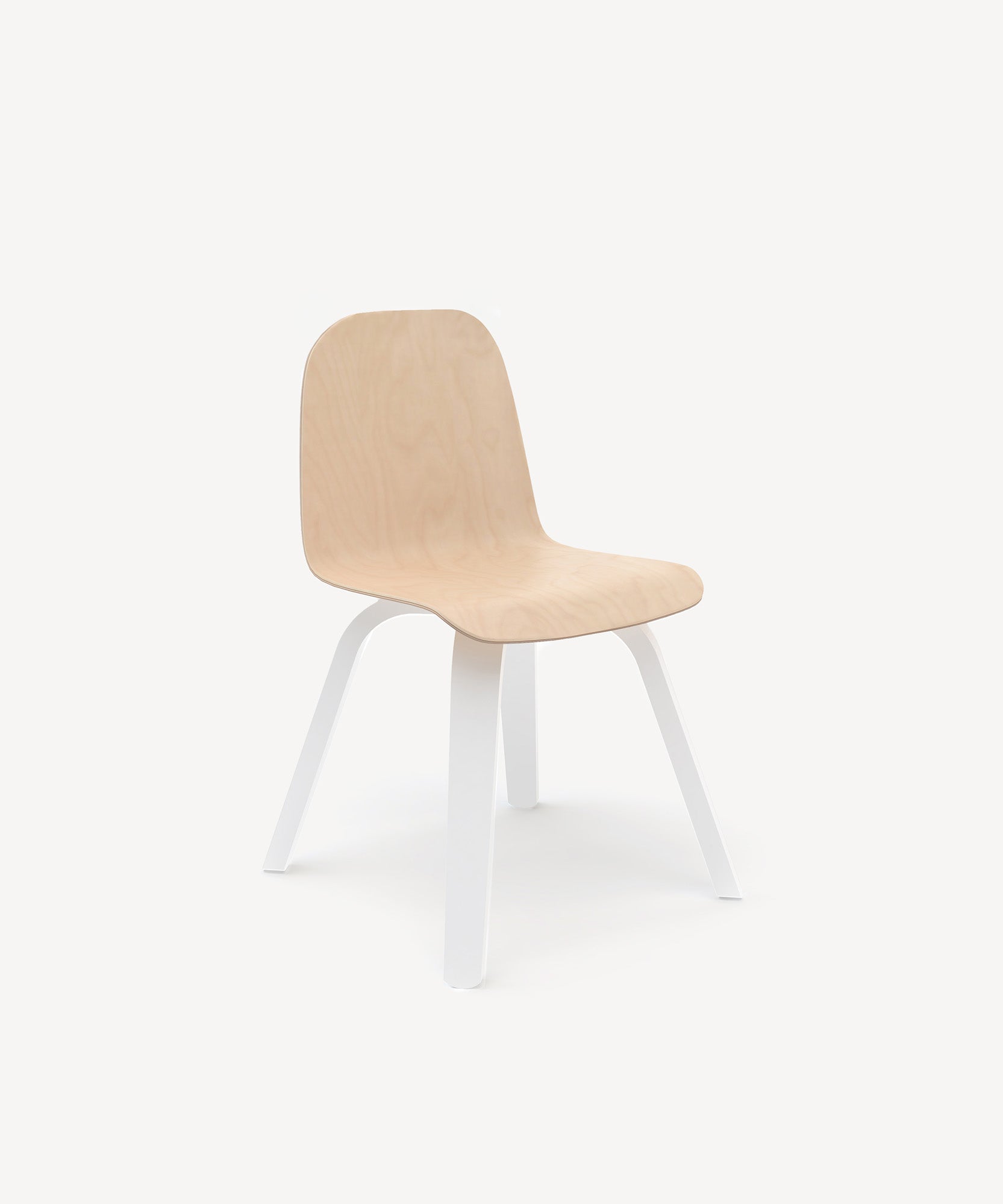 Set of 2 Play Chairs: Minimalist wooden design with curved seat and back, featuring white angled legs on a plain background.