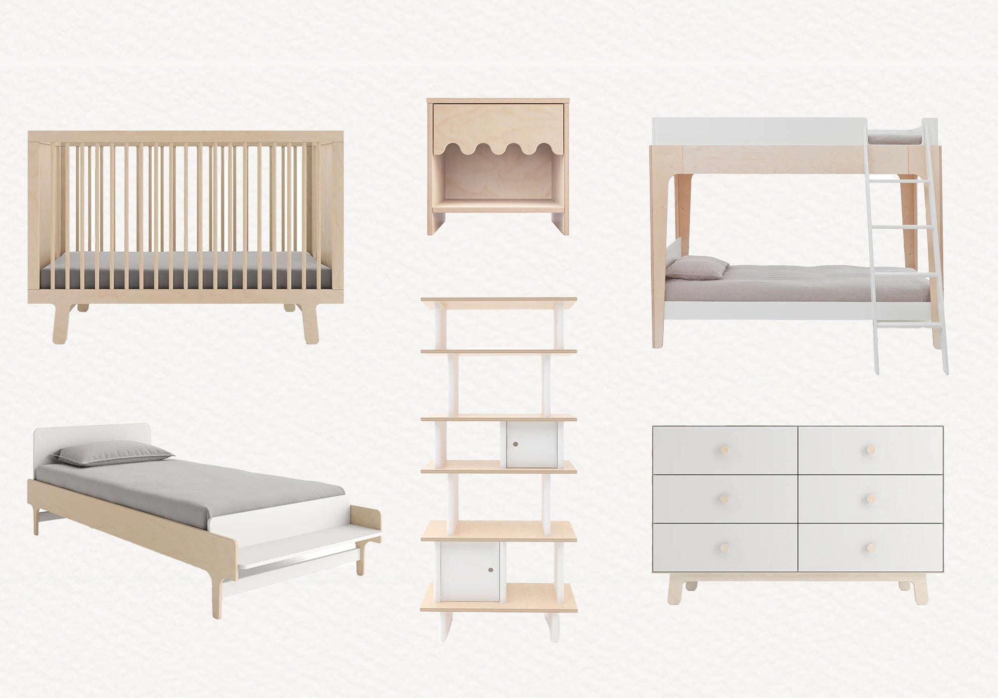 Collage of minimalistic wooden furniture: crib, nightstand, bunk bed, single bed, bookshelf, and dresser, set against a light background.