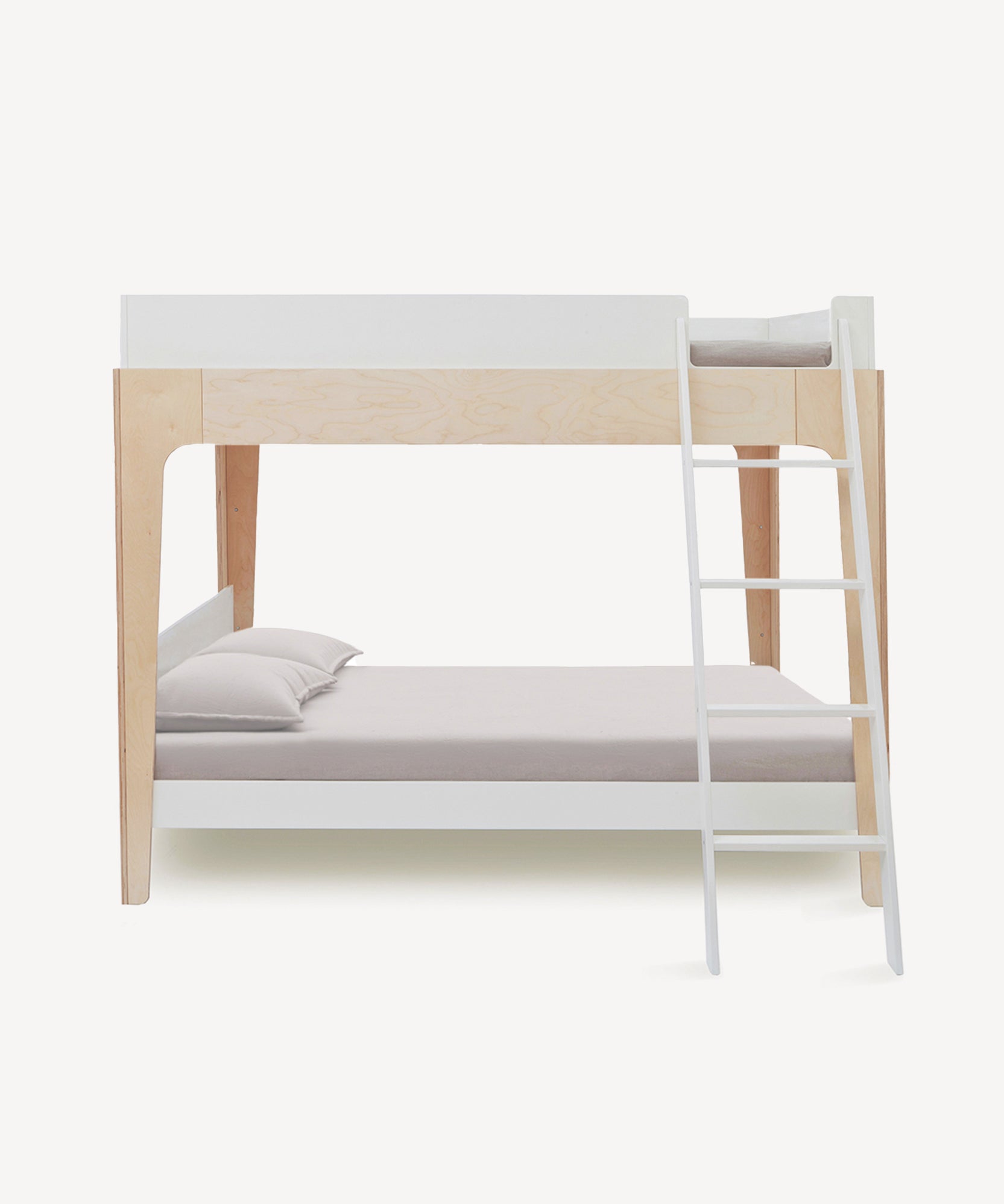 The Perch Full Bunk Bed features a modern wooden design with a white ladder and gray bedding, set against a plain background.