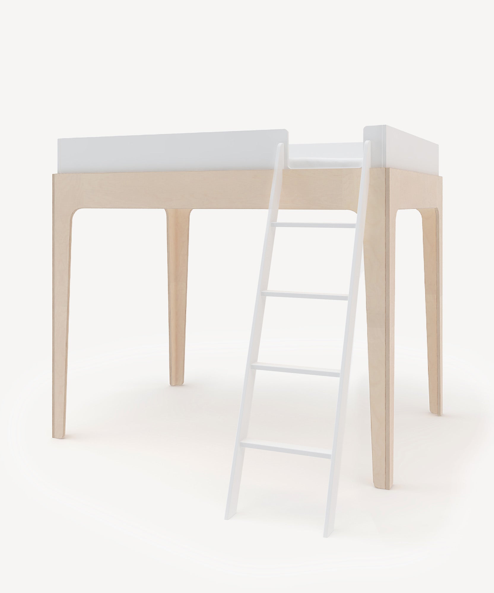 The Perch Full Loft Bed is a minimalist loft bed featuring a light wooden frame and a white ladder.