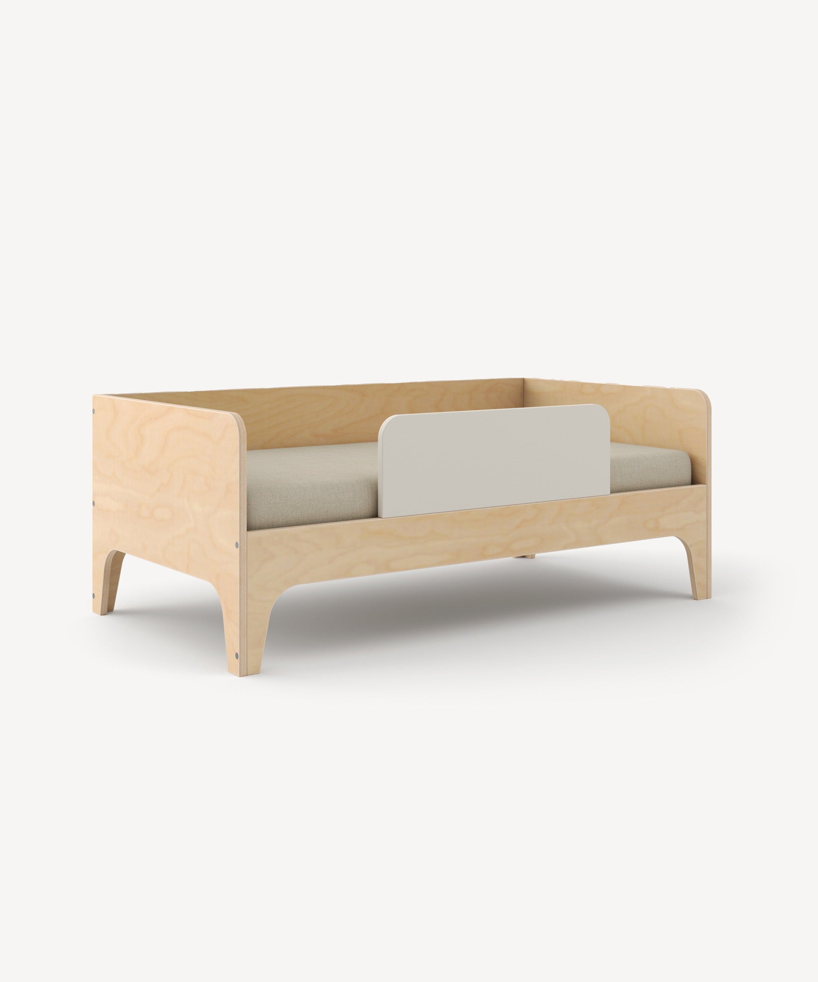 Perch Toddler Bed: Minimalist wooden design with side rails and a beige mattress on a white background.