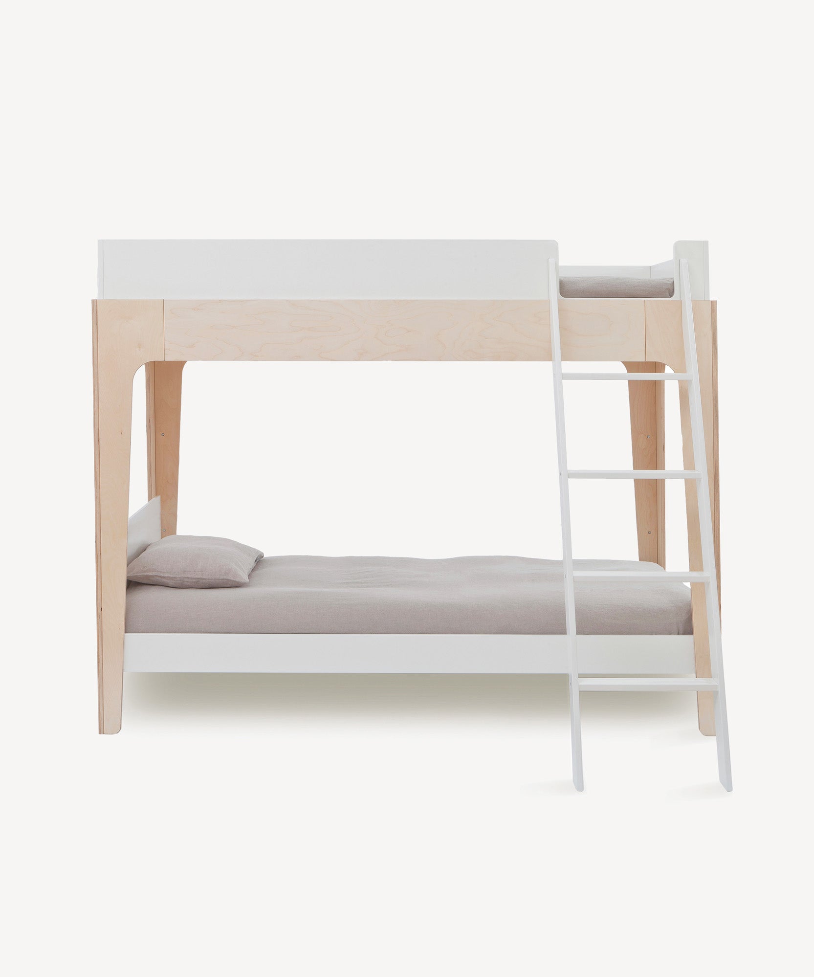 Perch Twin Bunk Bed: A modern wooden bunk bed with a ladder, featuring light wood and white accents on a plain background.