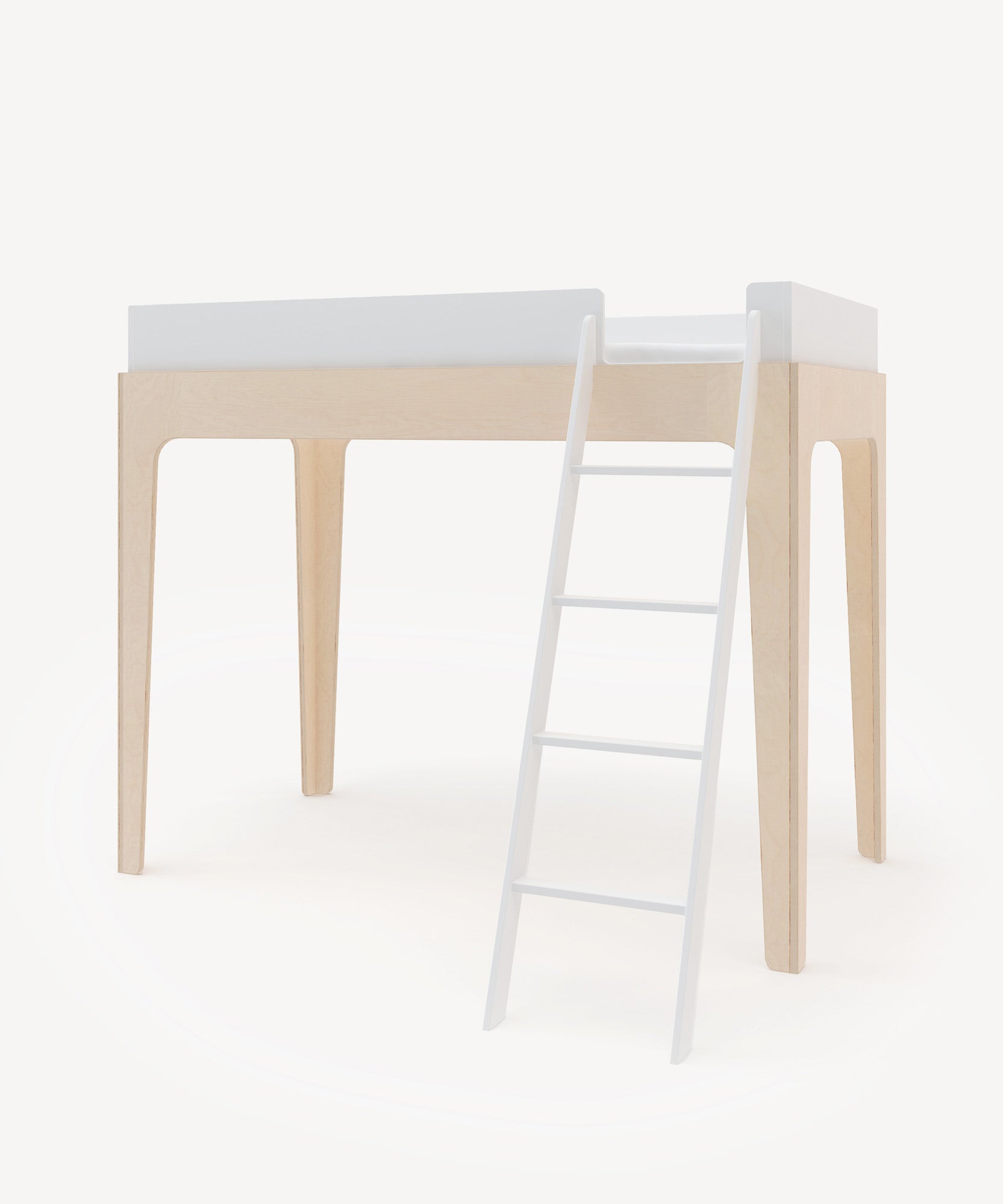 The Perch Twin Loft Bed features a minimalist design with a light wood frame and a white ladder on a plain background.