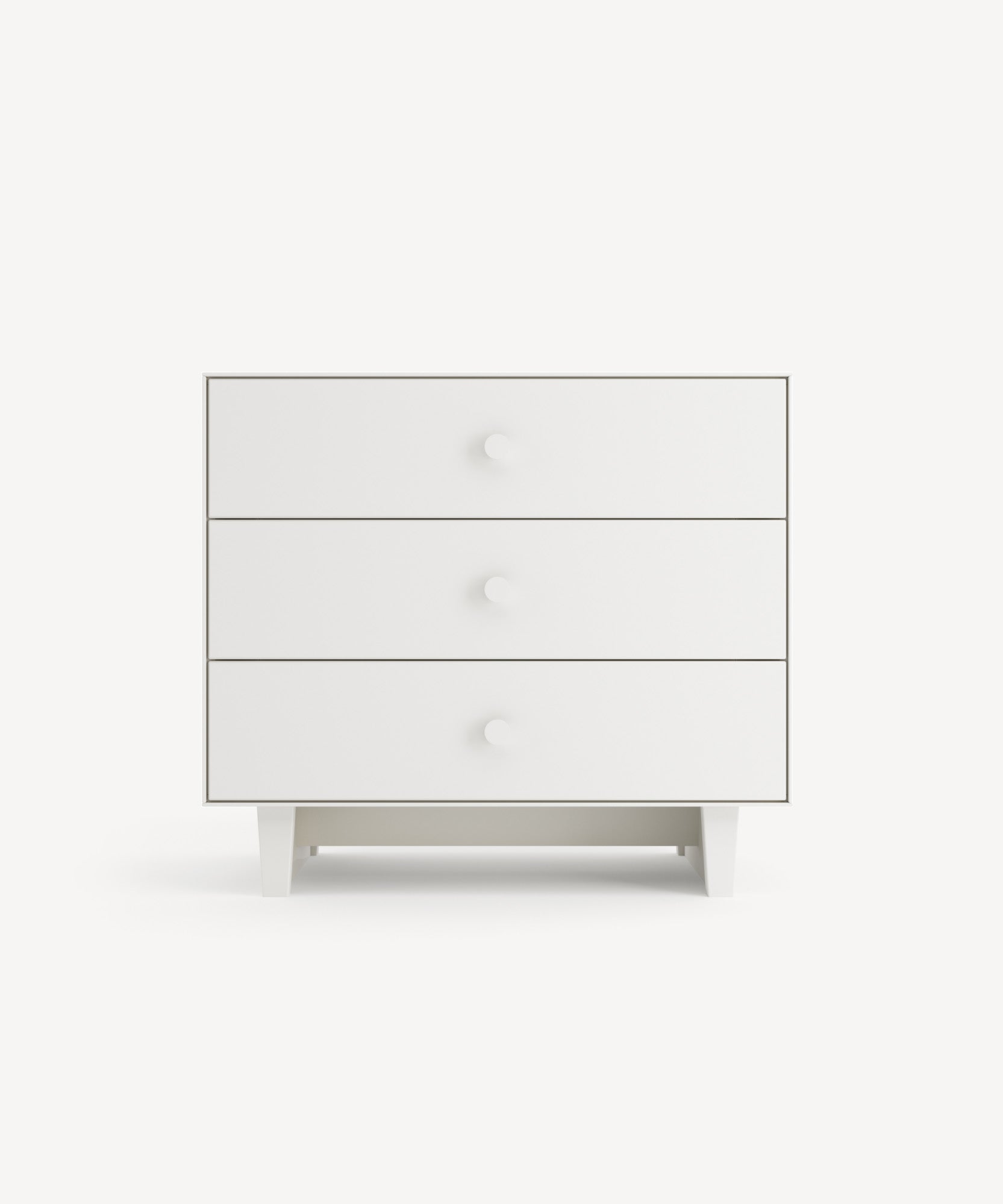 Rhea 3-Drawer Dresser with round knobs and minimalist design set against a light background.