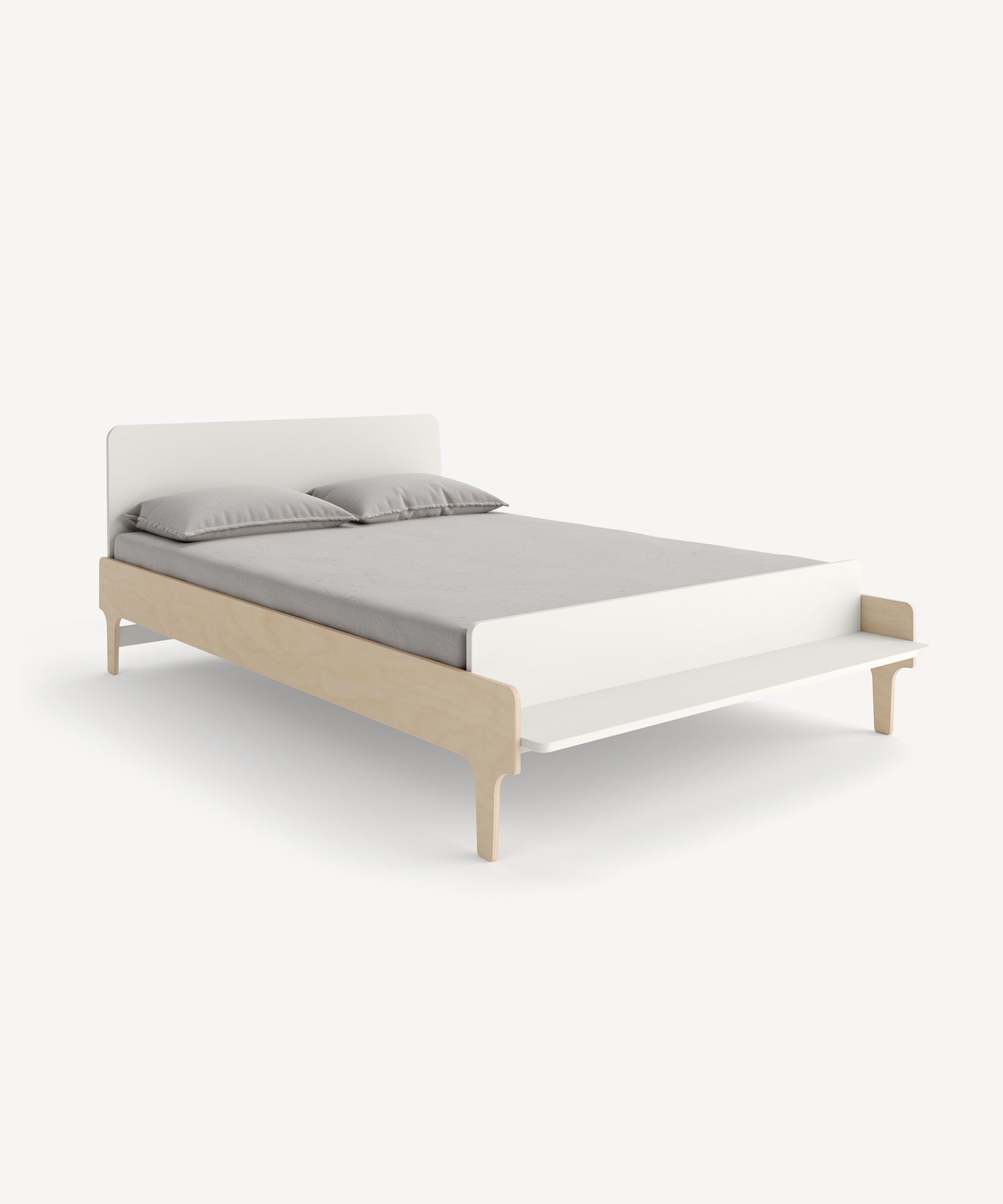 The River Full Bed features a minimalist wooden frame with a white headboard and footboard, complete with a gray mattress and two pillows.