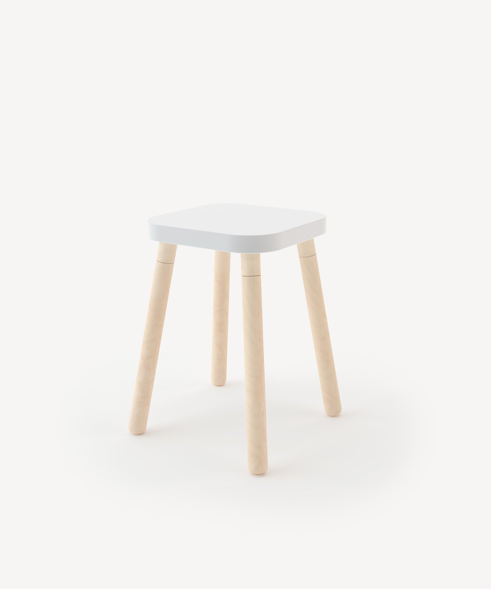 Square Stool featuring a white seat and four light wood legs on a plain background.