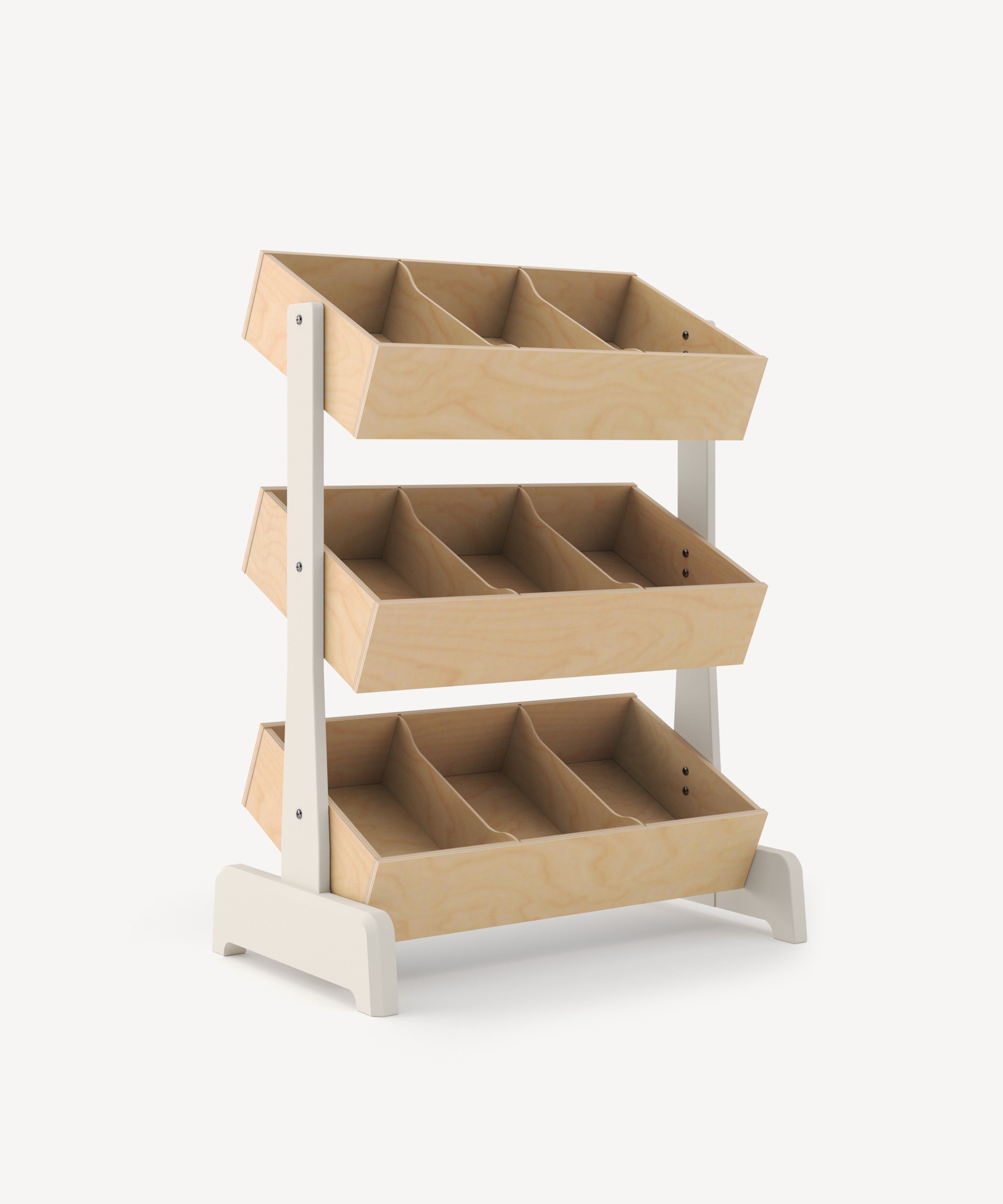 Toy Store: A wooden three-tiered storage rack featuring nine angled compartments on a white base.
