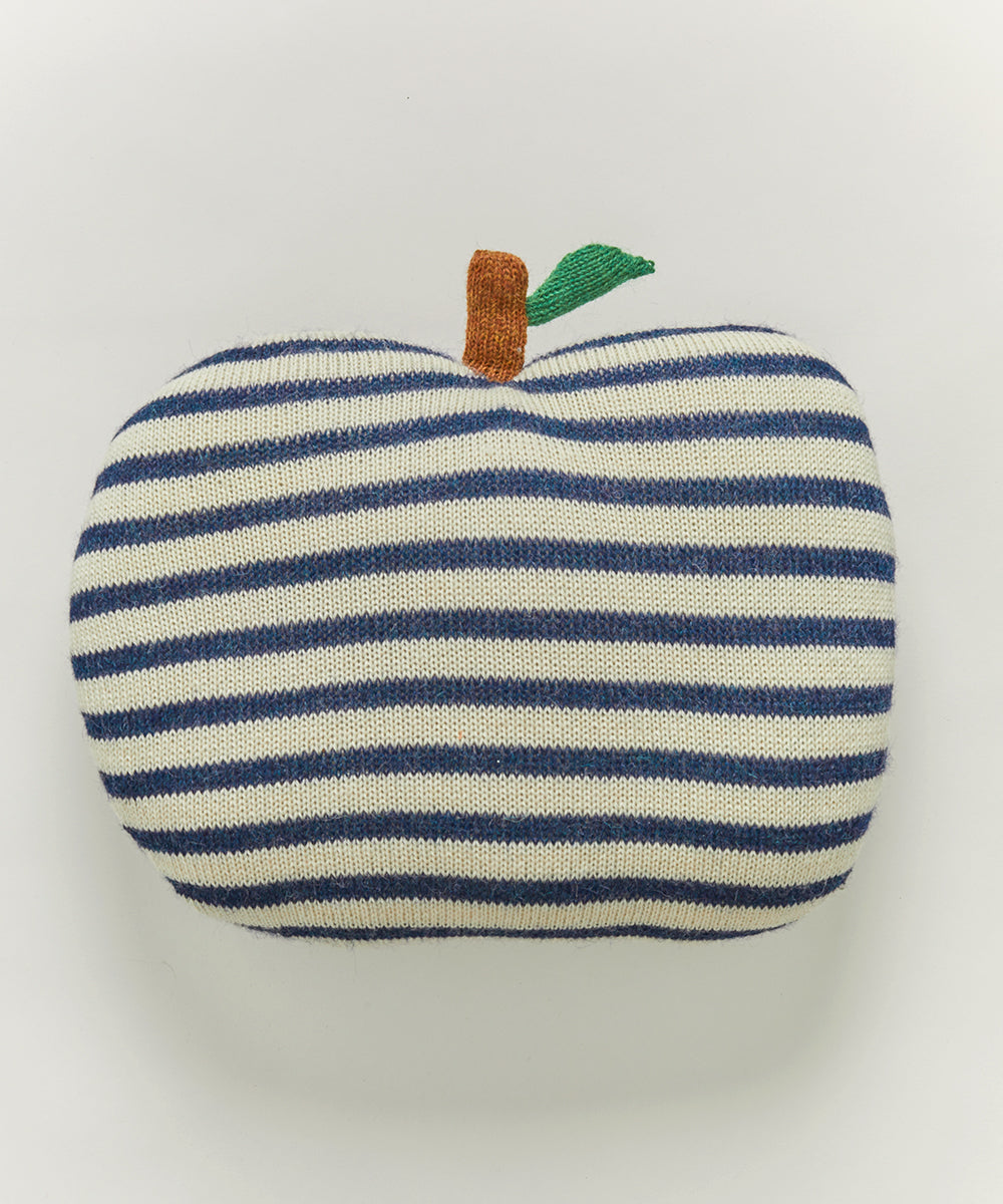 Apple Pillow: A plush pillow in the shape of an apple with navy and white stripes, a brown stem, and a small green leaf.
