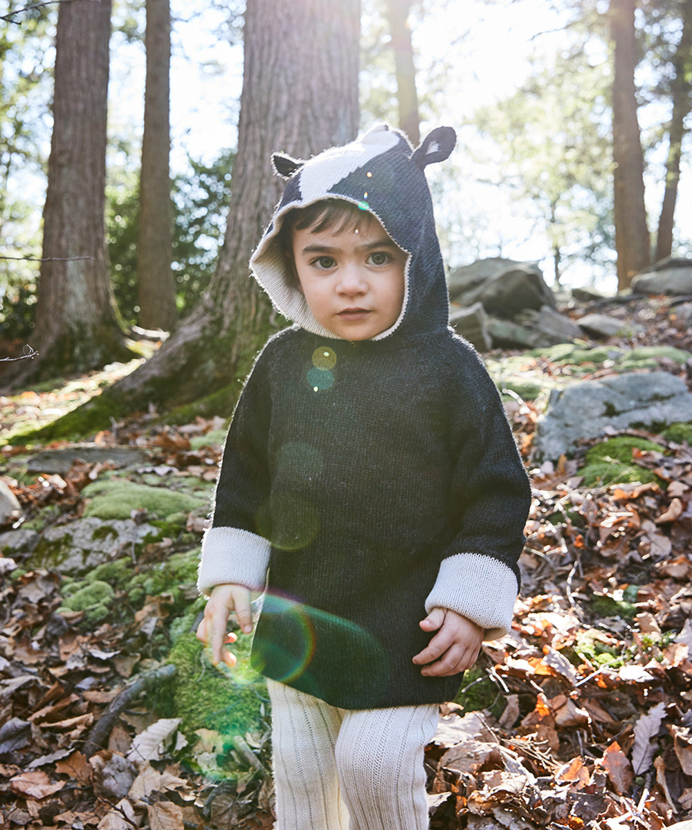 A child in a skunk hoodie stands in a sunlit forest with fallen leaves and moss-covered rocks.