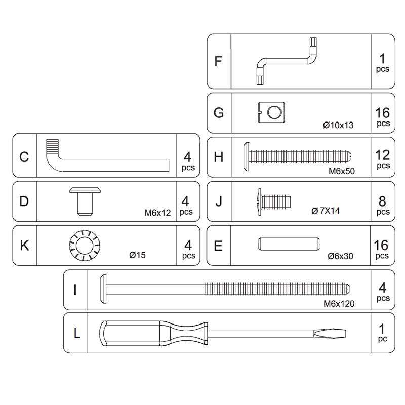 Classic Crib Hardware assembly kit diagram with tools and screws labeled A to L, including quantities and measurements.